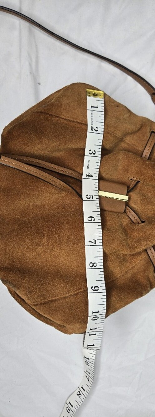 Vince Camuto Caramel Suede Leather Bucket Bag Crossbody Drawstring Gold Hardware - Picture 12 of 13